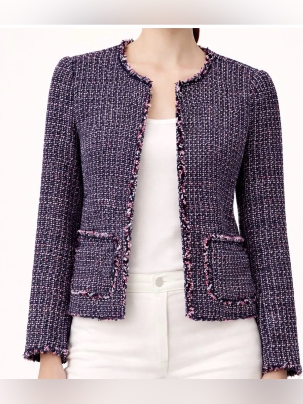Rebecca Taylor Navy/Pink Tweed Jewel Neck Fringe Jacket Blazer